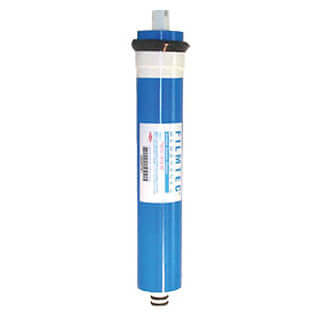 Cylindrical blue and white water filter cartridge Reverse Osmosis Membrane, featuring labels and two black rings at the bottom.