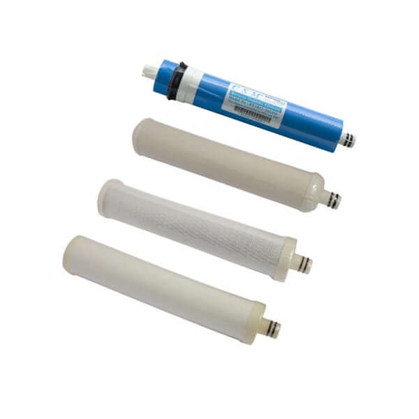 AquaPro Replacement Cartridge Pack featuring four cartridges—one blue RO Membrane and three white—designed for the AquaPro Multi 4 Stage Reverse Osmosis Under Sink Water Filter System.