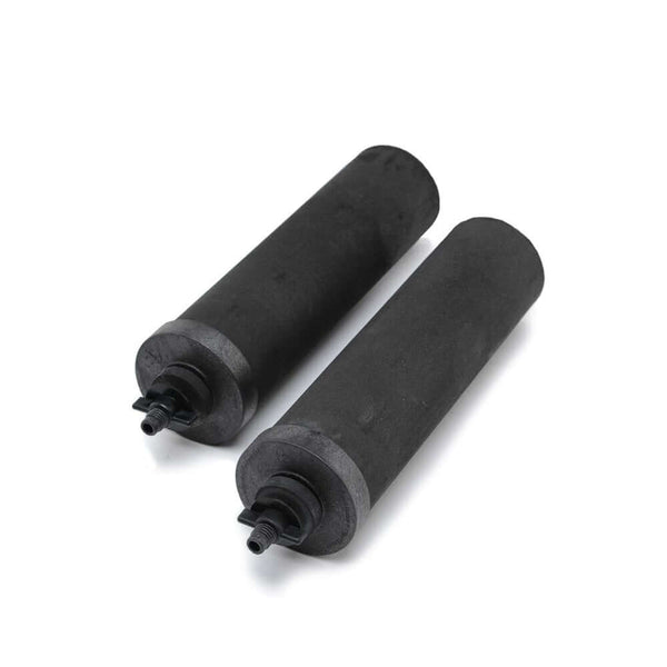 Two Berkey Black Elements water filter cartridges, cylindrical in shape with connection points, on a white background.