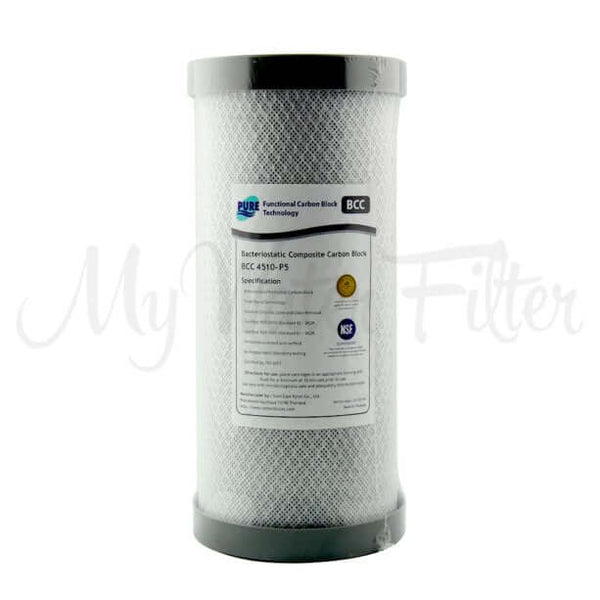 A white cylindrical water filter with a silver top and bottom, labeled 