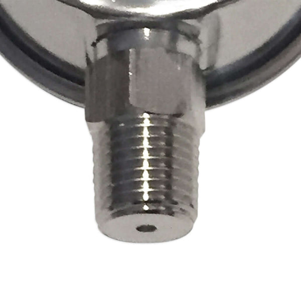 Close-up of a metallic threaded connector on a circular component of a pressure gauge.