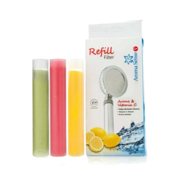 Three Replacement Cartridges for Aroma Sense Q Vitamin C Shower Filter showcasing the Multi-scent: Eucalyptus, Rose, and Lemon next to a packaging box featuring a showerhead, which delivers a chlorine-free shower experience with Vitamin C for aromatherapy benefits.