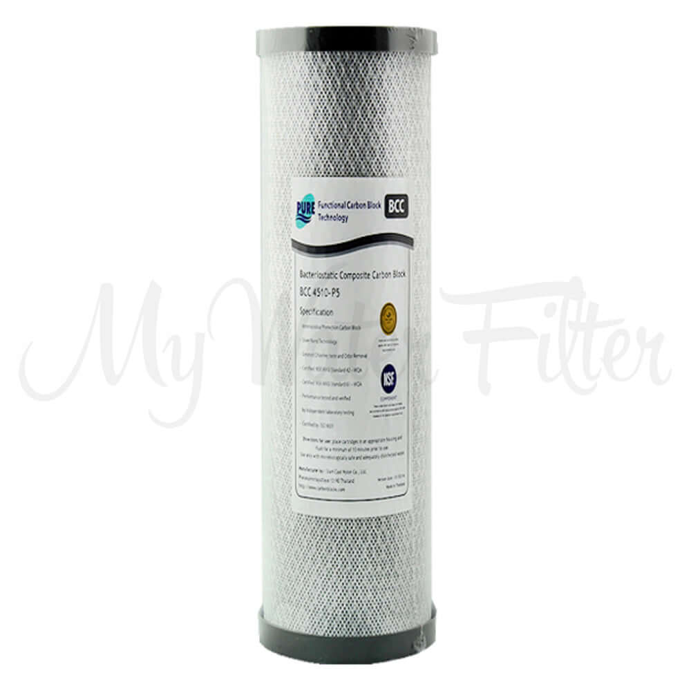 A cylindrical carbon block cartridge, part of the Replacement Cartridge Pack for the MWF 20" x 4.5" Twin Big Blue Whole House Rain Water Tank Filter System, features a mesh exterior and includes a label detailing its specifications.