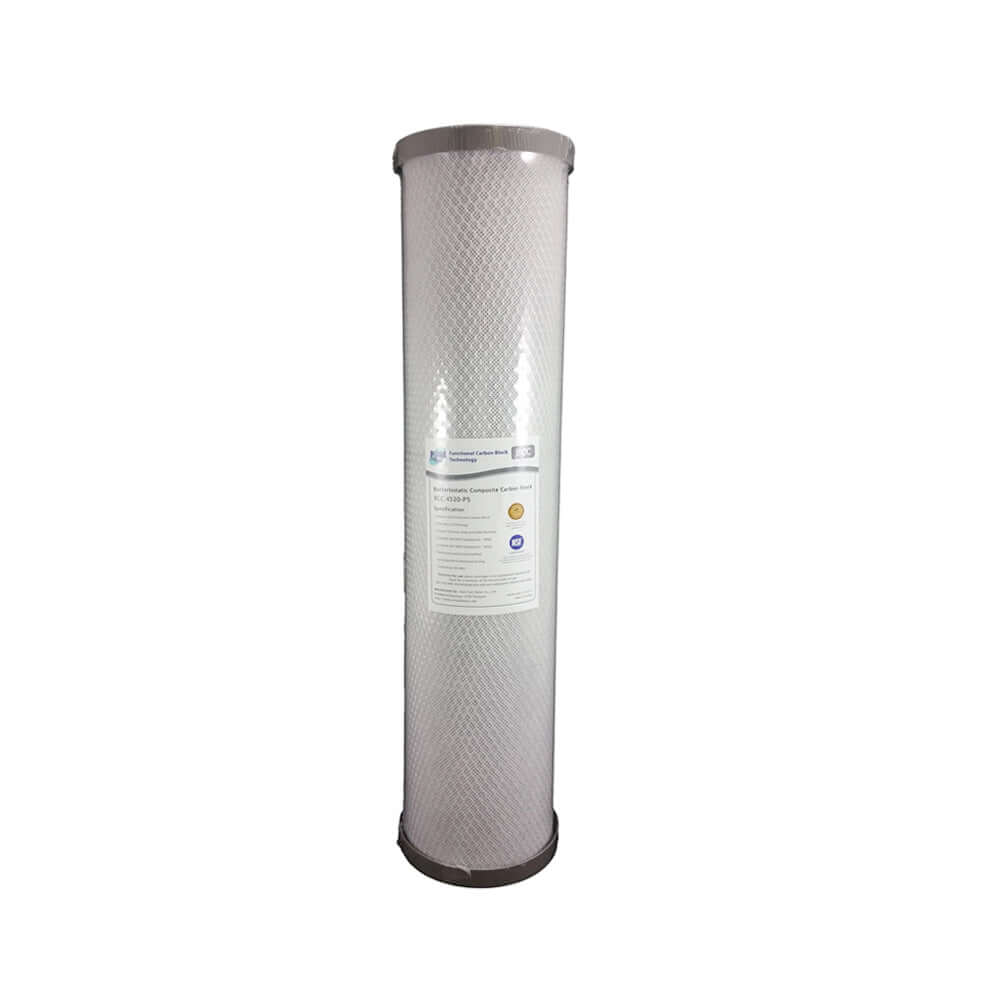 The Pure BCC 20" x 4.5" white cylindrical carbon block water filter cartridge features a gray top and bottom with a central label.