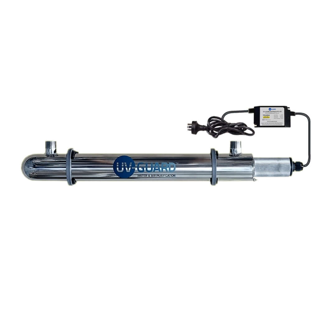 UV Guard UVG SLT30 30 Watt Under Sink Ultraviolet Light System - 34 LPM, silver cylindrical water filter with a power cord and compact control box.