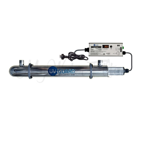 The UV Guard UVG SLT30 is a 30-watt under-sink ultraviolet light system with a power cord and control unit, featuring a metallic cylindrical body, capable of handling 34 LPM.