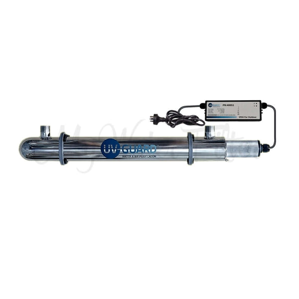 The UV Guard UVG SLT30 30 Watt Under Sink Ultraviolet Light System - 34 LPM features a metal chamber, control box, and power cord for purification systems.