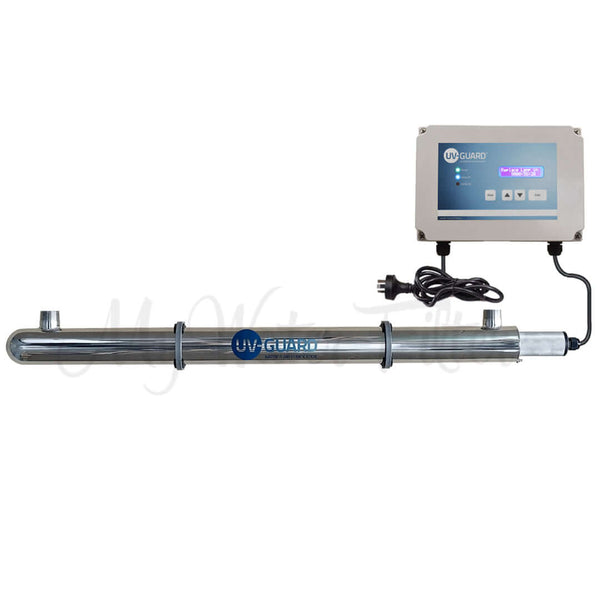 The UV Guard UVG SLT75 is an 80 Watt whole house ultraviolet light system with a stainless steel tube and a digital controller display, purifying up to 92 LPM.