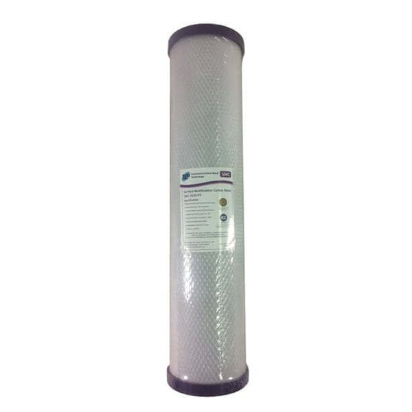 The Pure SMC 4520-P5 cartridge is a 20" x 4.5" water filter featuring black end caps and labels, designed for tannin removal using a coconut carbon block with 0.5-micron filtration.