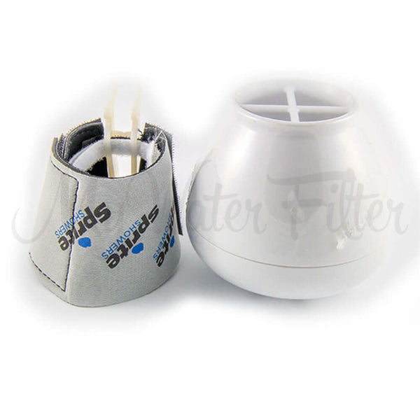 The Sprite Bath Ball Water Filter in White showcases its white harness component standing upright, utilizing Chlorgon media for effective water purification.