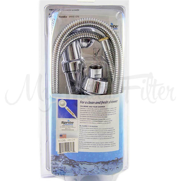 The Sprite Original Hand Held Filtered Shower Handle includes a flexible hose and installation instructions, incorporating advanced filtration technology for an improved shower experience.