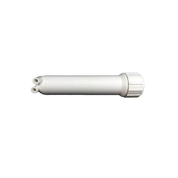 A Reverse Osmosis Membrane Filter Housing is a white, cylindrical plastic pipe with a threaded cap and two smaller openings on one end.