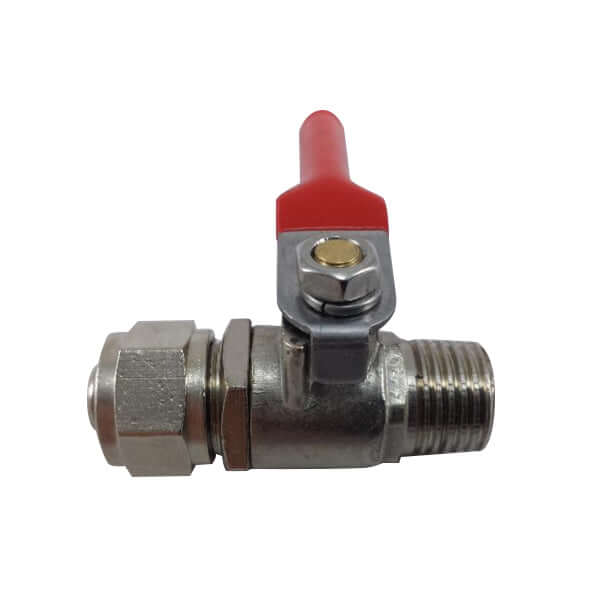 A brass ball valve, 1/4" male thread to 3/8" tube, featuring a red lever handle