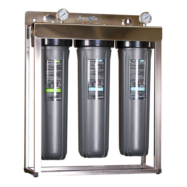 The AquaCo Classic Triple Whole House Water Filter includes three vertical housings and pressure gauges on top, all enclosed in a stylish stainless steel cover, providing excellent contaminant holding capacity for optimal performance.