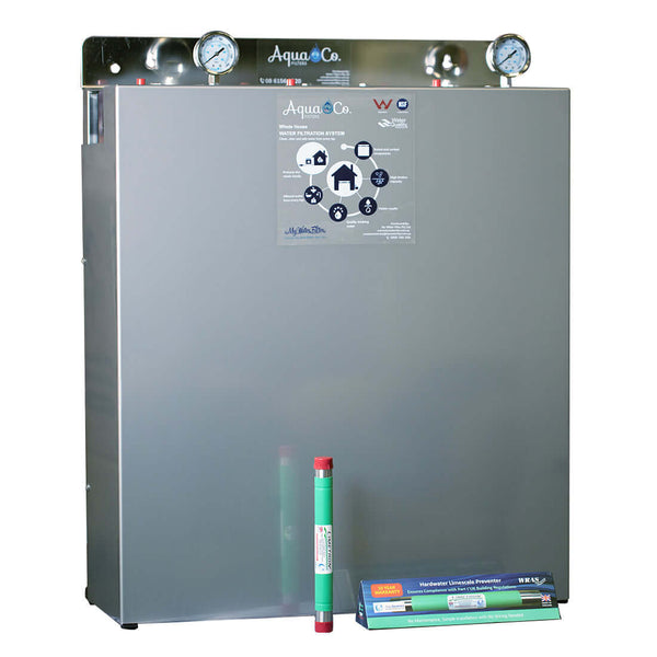 The AquaCo Classic Triple Whole House Water Filter with Hard Water Conditioner features a stainless steel cover with top-mounted gauges and a Limetron Water Softener Alternative at the bottom for optimal performance.