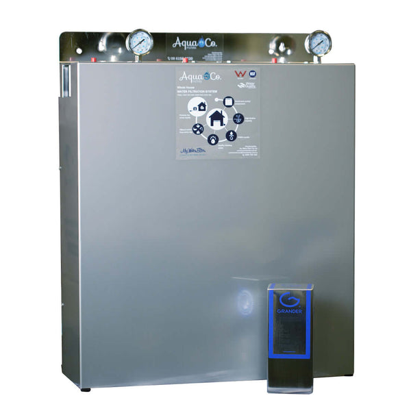 The AquaCo Premium Triple Stage Whole House Water Filter with Grander Revitalisation is a large metallic system featuring gauges with a Grander Whole House Unit located at the bottom right.