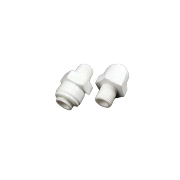 Two Straight Quick Connectors (1/4" Male - 1/8" NPT) made of white plastic.

