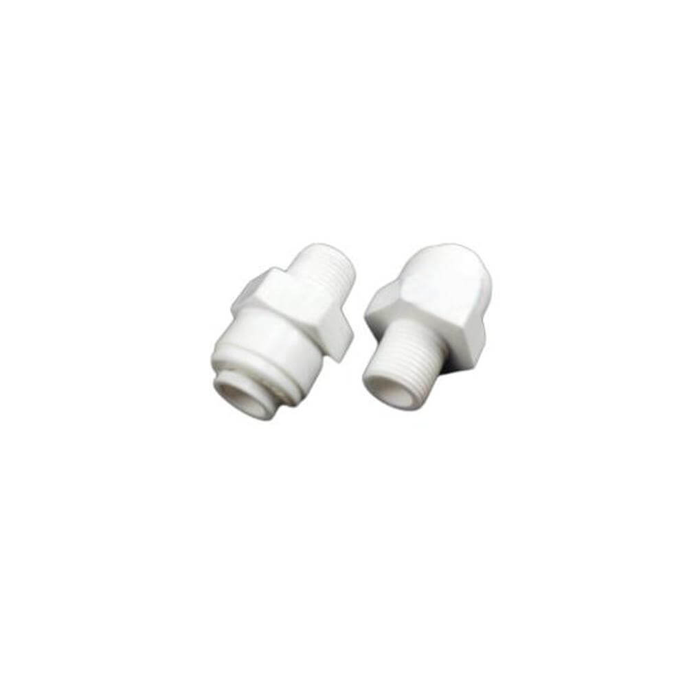 Two Straight Quick Connectors, featuring white plastic with one connector having a hexagonal middle section.