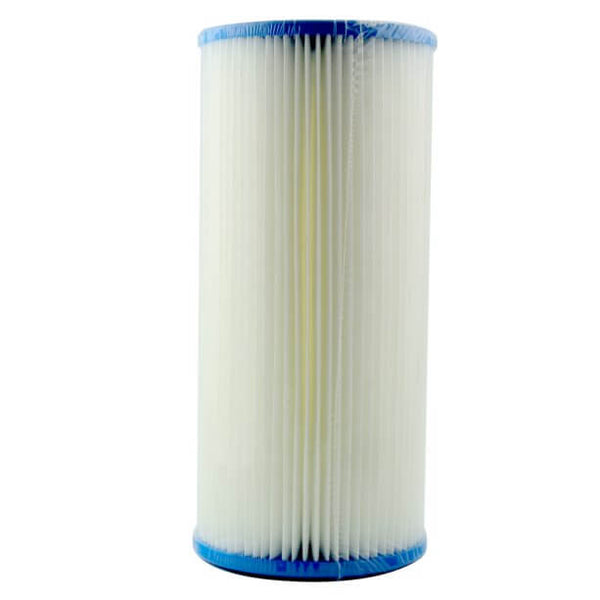 Unicel's 10 Micron Pleated Sediment Whole House Water Filter Replacement Cartridge, featuring blue edges and a cylindrical white design, is shown standing upright on a white background.