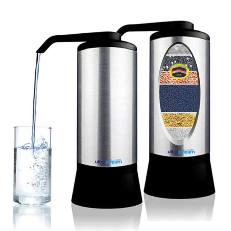 Highlighted is a pair of UltraStream water filters from the UltraStream brand, with one pouring water into a glass and showcasing a cutaway view of the layered filtration materials. These advanced systems not only purify but also serve as hydrogen-rich ionisers to enhance the health benefits of your drinking water.