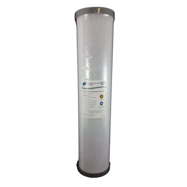 A tall, white Pure BCC Silver Impregnated Carbon Block Whole House Water Filter Replacement Cartridge 20