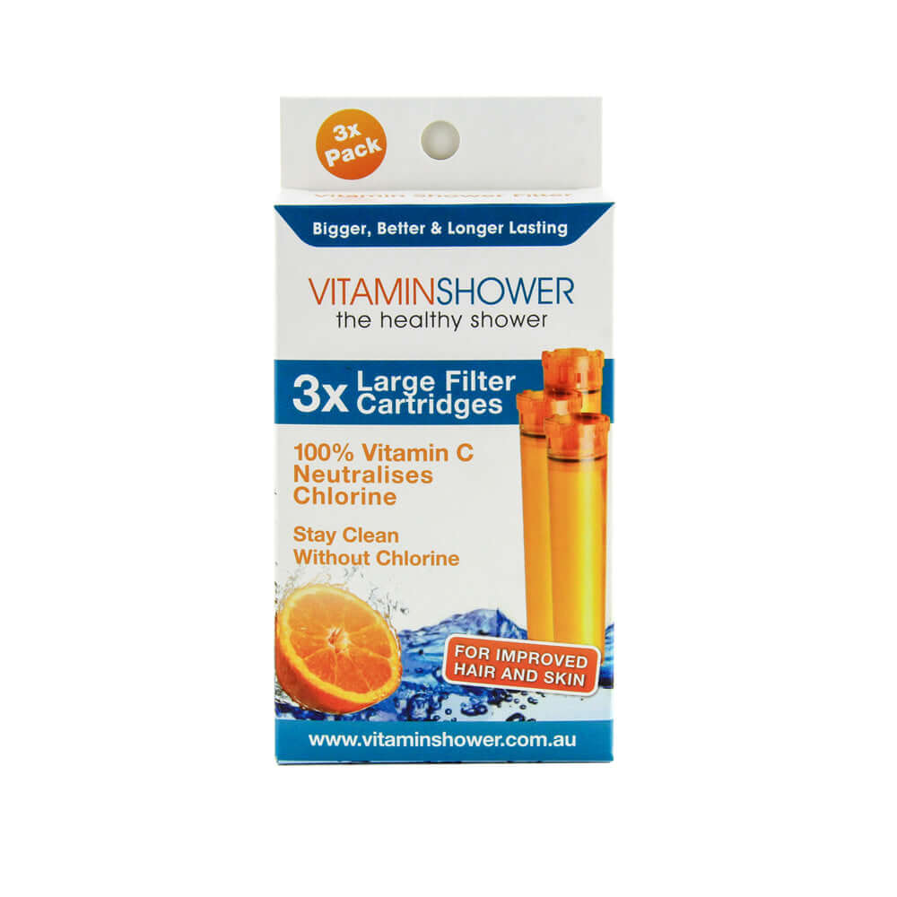Transform your shower experience with the Vitamin Shower brand's 3 x Vitamin C Shower Longer Lasting Filter Replacement Cartridges. These large filter cartridges work to neutralize chlorine, promoting healthier hair and skin. They provide extended filter performance and are easy to replace, ensuring an effortless and enhanced shower experience.