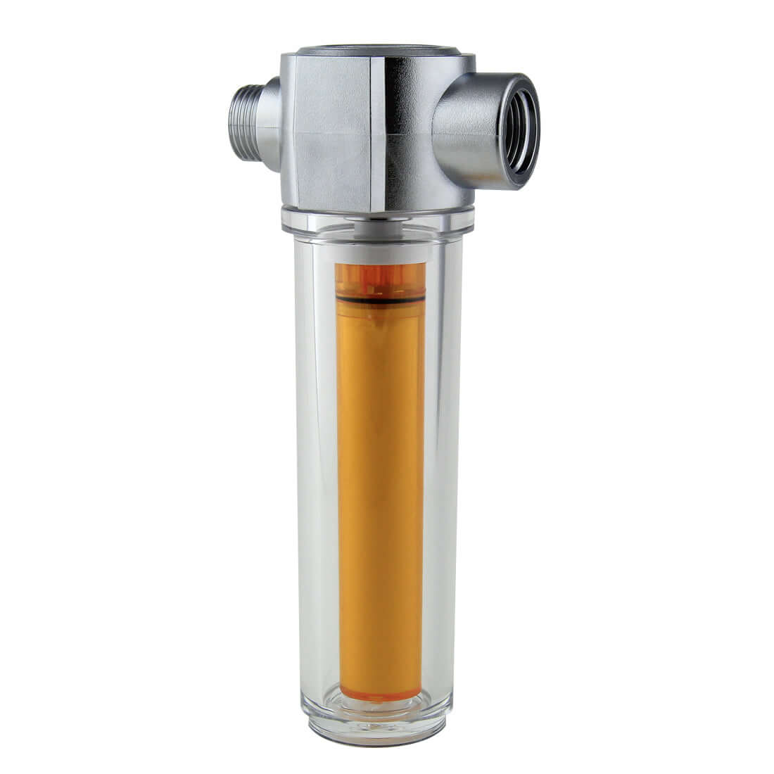 A transparent Vitamin C shower filter by Vitamin Shower, featuring a chrome headpiece and a vibrant orange cartridge designed for extended use.