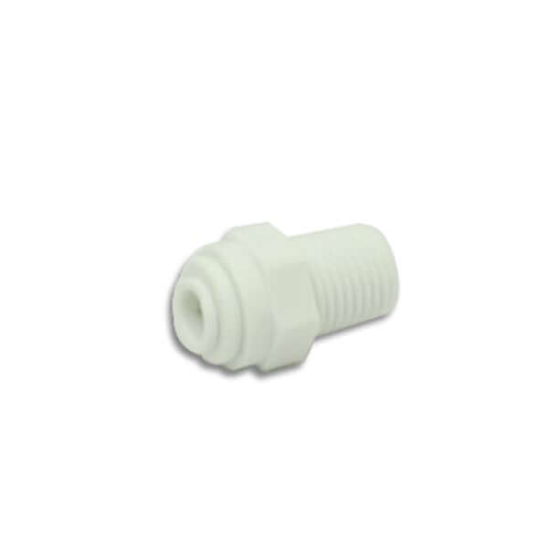 John Guest Straight Adaptor: Small white plastic hose connector with a 1/4
