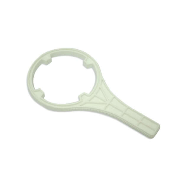 The Water Filter Housing Removal Tool is a white plastic wrench designed with a round opening and handle to tighten or loosen 10