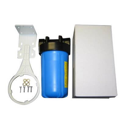 10" x 4.5" Single Under Sink Water Filter Housing featuring a blue housing with black head cap , a mounting white steel bracket and screws, and a white package box.