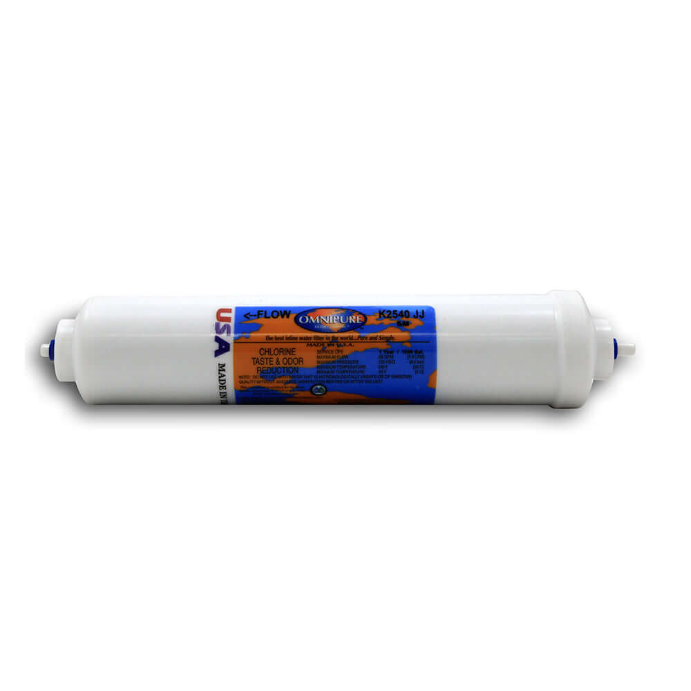 Omnipure Inline Filter K2540 JJ 5 Micron Granular Activated Carbon Water Filter Replacement Cartridge features a white cylindrical design with connectors on both ends.