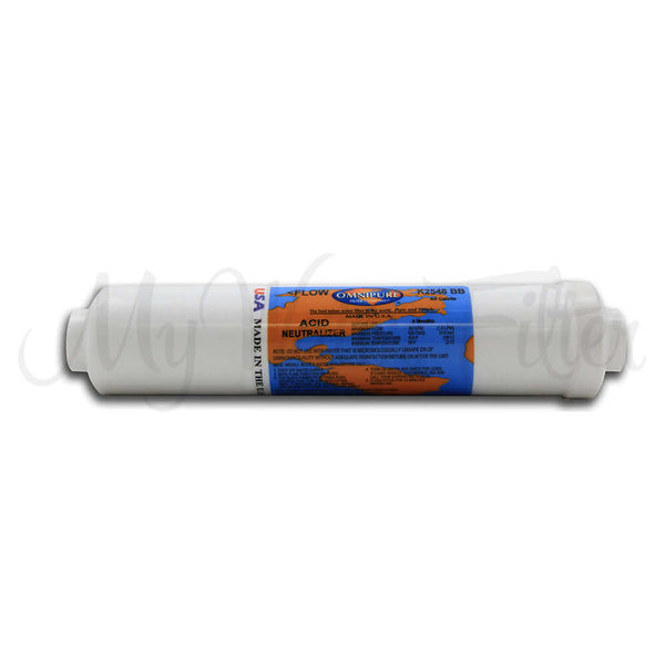 A sleek inline alkaliser from Omnipure featuring a white body and a vibrant blue and orange label, ideal for use with the Replacement Cartridge Pack for RO 5000 Bench Top Reverse Osmosis Pure Water System with Added Minerals & Low Alkaline.