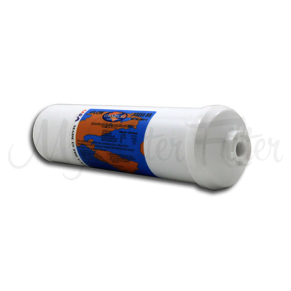 An Omnipure Inline Filter K5555 BB features a white cylindrical design, with an orange and blue label, and measures 10