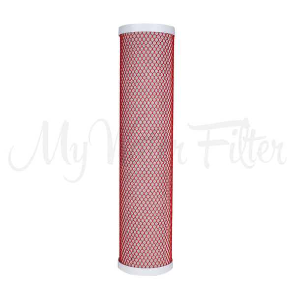 20" x 4.5" Aragon cylindrical water filter replacement cartridge in red mesh and white end caps
