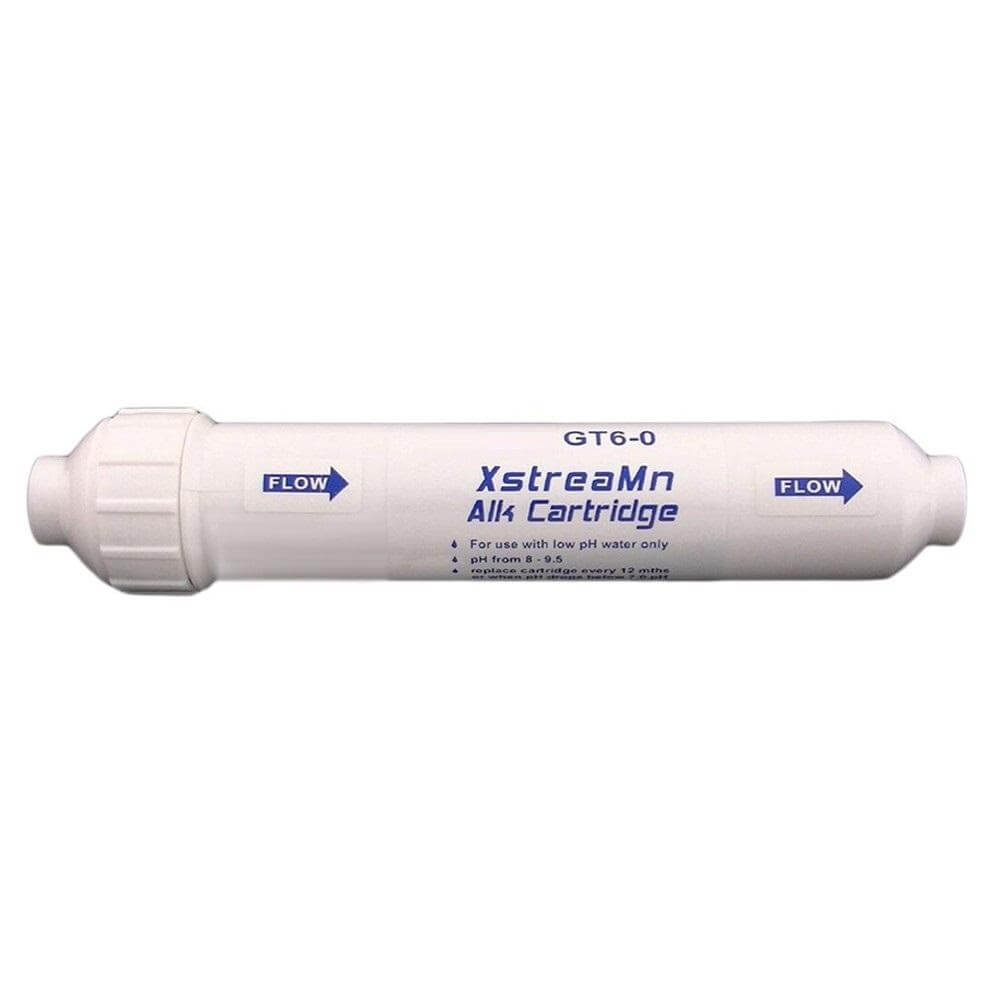The XstreaMn Alkaliser Inline Water Filter Replacement Cartridge, in white, includes flow direction arrows and displays the model number GT6-0 on the side. It is expertly designed to enhance water quality as an alkalising cartridge.