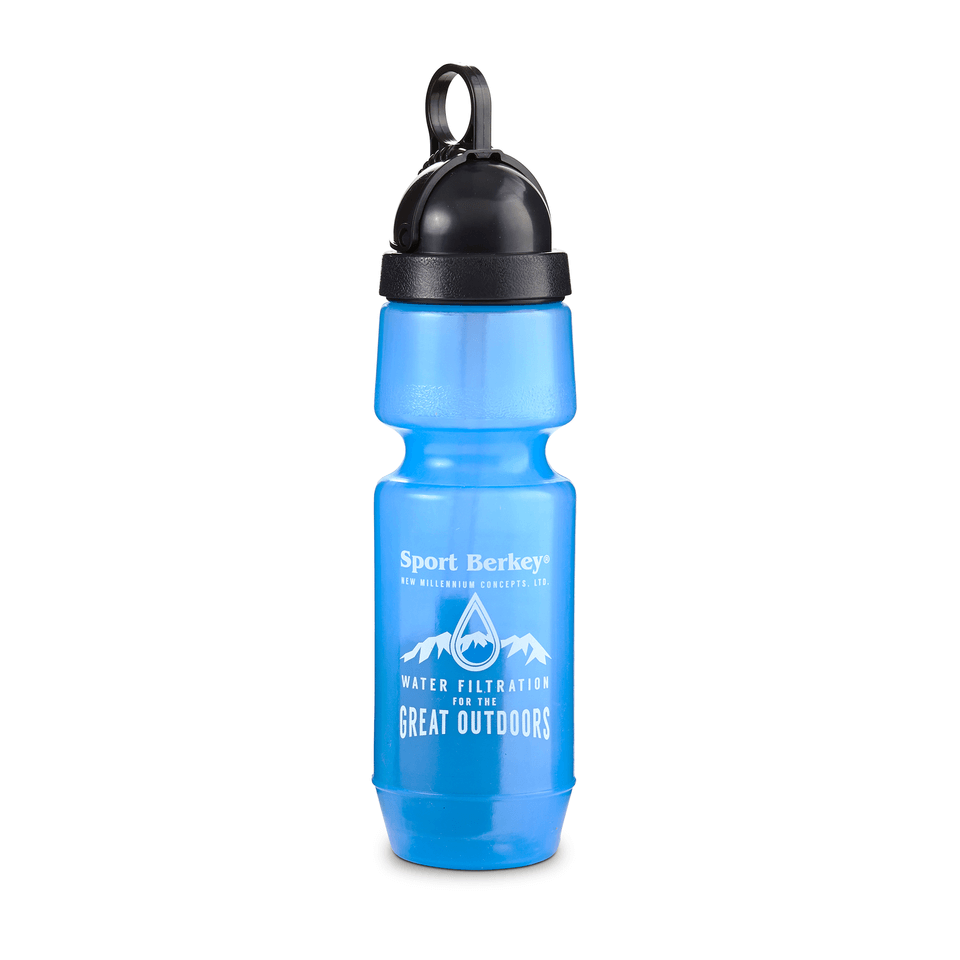 Blue 22oz Sport Berkey Bottle with black cap and loop, featuring mountain graphics and 